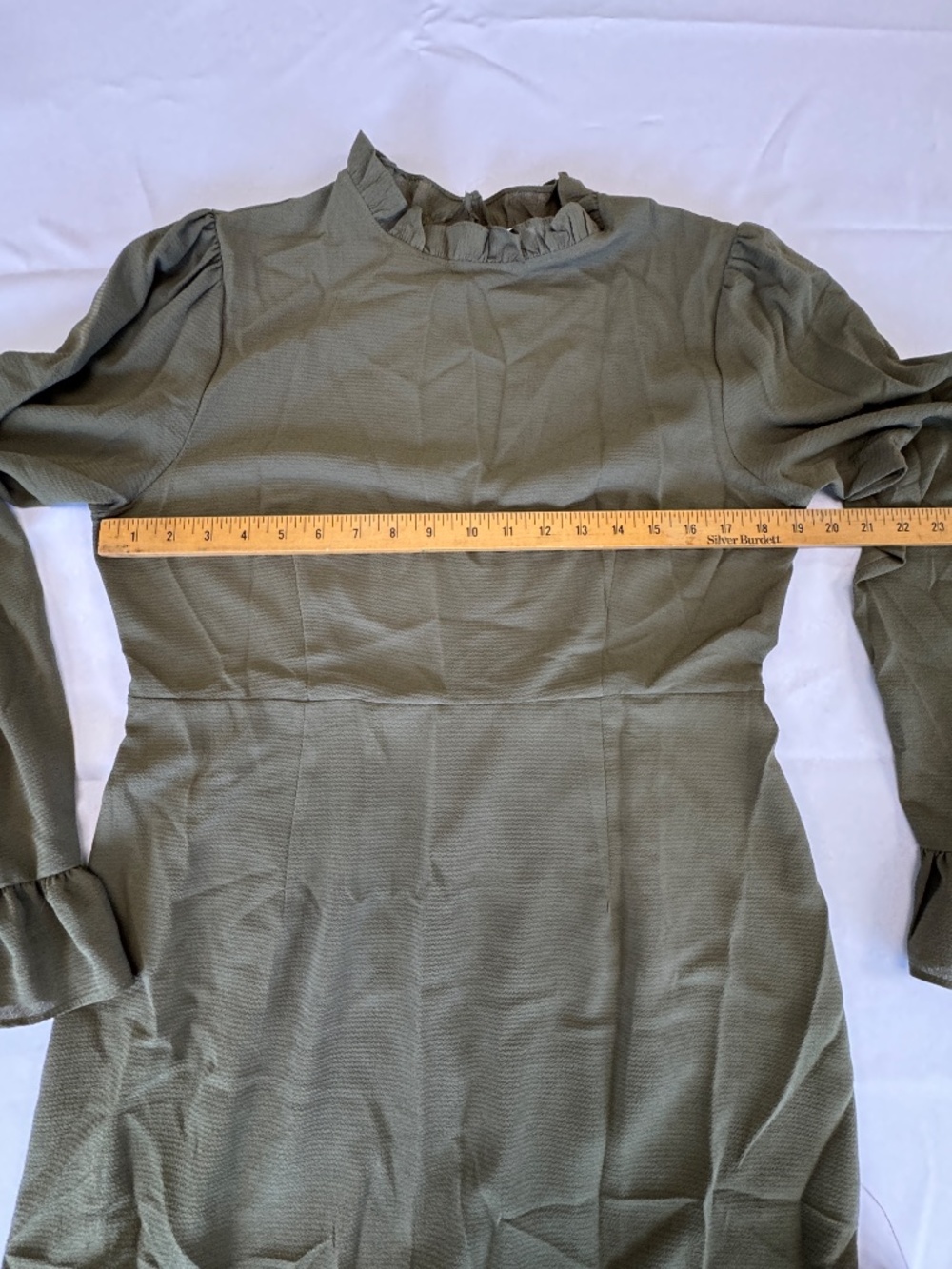 ASOS Olive Green High Neck Long Sleeve Mini Ruffle Dress Size 12 - Picture 6 of 11